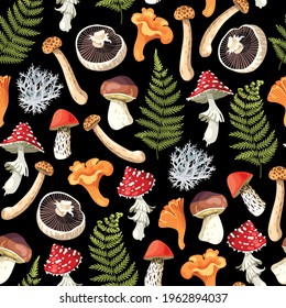 Vector seamless pattern with edible raw mushrooms