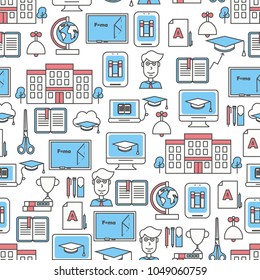 Vector seamless pattern with educational symbols, icons. Education background, wrapping paper texture thin line art flat style design.