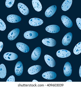 vector seamless pattern of eggs bird Song Thrush (Turdus philomelos) on a dark blue background.