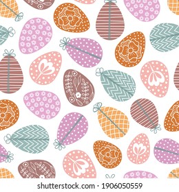 Vector seamless pattern of eggs. Bright eggs on white background. Easter print