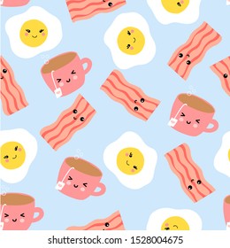 Vector Seamless Pattern With Eggs, Cup Of Tea And Fried Bacon. Abstract Breakfast Wallpaper, Textile, Scrapbooking Design