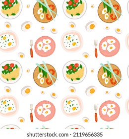 Vector seamless pattern with eggs and egg dishes, scrambled eggs, omelet, Japanese food, various breakfast options in flat style on white background	