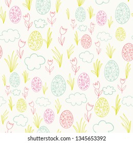 Vector seamless pattern with eggs, flowers and clouds on white background. Line art. Cute background for Easter celebration.
