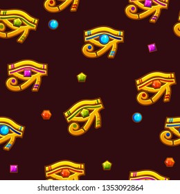 Vector Seamless pattern Egypt Eye of Horus with colored precious gems, golden icon.
