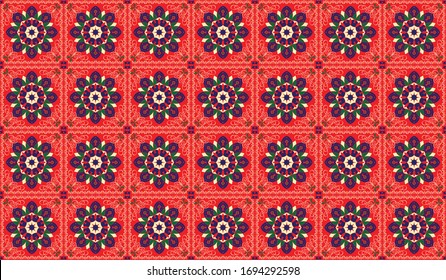 Vector seamless pattern, Egyptian Tent fabric, khyamia texture, ethnic traditional Ramadan pattern design in its original multi colors,for Ramadan designs as fabrics,table cloth,flags, Ramadan pattern