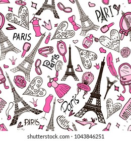 vector seamless pattern with Eiffel Tower. Paris romantic background