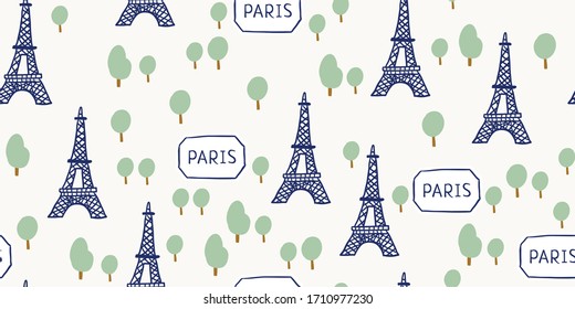 Vector seamless pattern with eiffel tower, trees and paris sign. Stylish parisian pattern design on white background. Perfect touristic design of Parisian landmark. Vector urban sketch