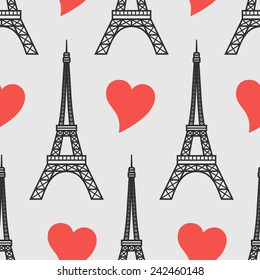 vector seamless pattern with Eiffel Tower and hearts. Paris romantic background