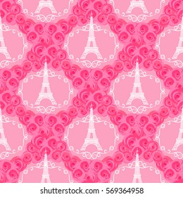 Vector seamless pattern. Eiffel Tower. Pink roses background with curls frames.