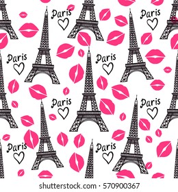 Vector seamless pattern. Eiffel tower and kiss trace. Isolated on white background. Concept of romantic Paris. Valentine's Day.