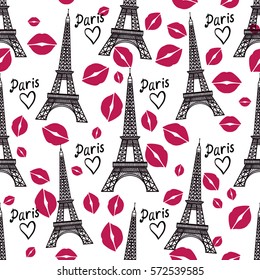 Vector seamless pattern. Eiffel tower and kiss trace. Isolated on white background. Concept of romantic Paris. Valentine's Day.