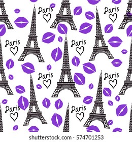 Vector seamless pattern. Eiffel tower and kiss trace. Isolated on white background. Concept of romantic Paris. Valentine's Day.