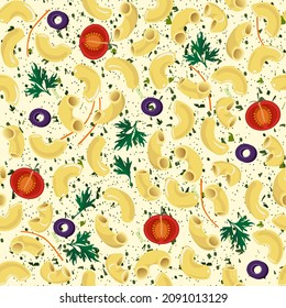 Vector seamless pattern elbow pasta with tomatoes, parsley, olives, carrots. Realistic 3d illustration.
