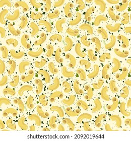 Vector seamless pattern of elbow pasta with herbs. Realistic 3d illustration.