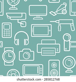 Vector seamless pattern of electrical engineering, household appliances and electronics icons in line style