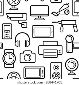 Vector seamless pattern of electrical engineering, household appliances and electronics icons in line style.