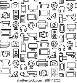 Vektornahtloses Muster der Elektrotechnik, Haushaltsgeräte und Elektroniksymbole im Linienstil.