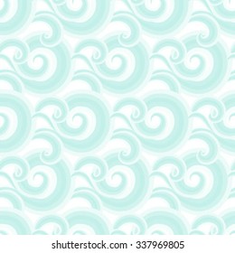 Vector seamless pattern with elegant blue curls and swirls. Nautical texture with waves. Illustration of sky with abstract clouds. Drawn Japanese water graphic. Frost background. Christmas white paper