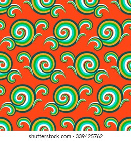 Vector seamless pattern with elegant colorful curls and swirls. Luxury texture with waves. Asian ornament with sky and abstract clouds. Drawn Japanese water graphic. Frost background. Christmas paper