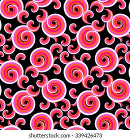 Vector seamless pattern with elegant colorful curls and swirls. Luxury texture with waves. Asian ornament with sky and abstract clouds. Drawn Japanese water graphic. Frost background. Christmas paper