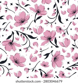 Vector seamless pattern with elegant pink cherry blossom or sakura flowers, dark twigs, buds and stars on a white background. Delicate floral background for textile, wrapping paper, wallpaper, fabric print, wedding invitation or web design. Beautiful spring botanical illustration.