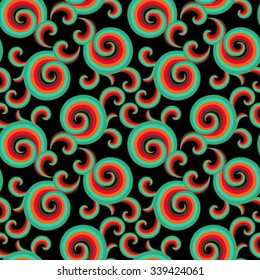 Vector seamless pattern with elegant red curls and swirls. Luxury texture with waves. Asian ornament with sky and abstract clouds. Drawn Japanese water graphic. Frost background. Christmas paper
