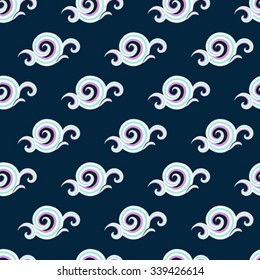 Vector seamless pattern with elegant white curls and swirls. Luxury texture with waves. Asian ornament with sky and abstract clouds. Drawn Japanese water graphic. Frost background. Christmas paper