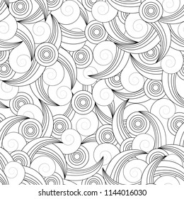 Vector seamless pattern with elements of abstract circles, spirals and leaves. Monochrome geometric ornament
