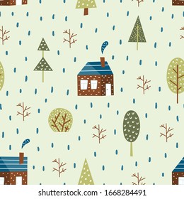 Vector seamless pattern with elements of houses, trees, bushes - Light green background - Outdoor, country life - Hand drawn illustration