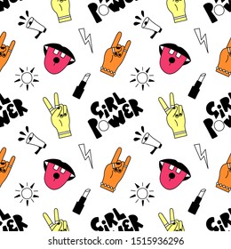 Vector seamless pattern with elements of lips and tongue with piercing, hand peace or victory sign, hand rock sign, megaphone, lightning, sun, lipstick and girl power inscription on white background