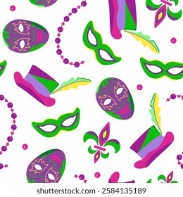 Vector seamless pattern with elements for Mardi Gras carnival. Image of mosses, hats with feathers and beads in bright colors. Colorful elements of party outfits