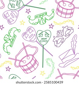 Vector seamless pattern with elements for Mardi Gras carnival in doodle style. Bright Images of mosquitoes, hats with feathers and drums for packaging and wallpaper. Colorful elements of party outfits