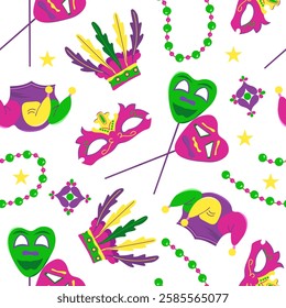 Vector seamless pattern with elements for Mardi Gras carnival. Bright Image of mosses, hats with feathers and beads. Colorful elements of party outfits