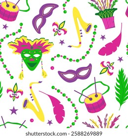 Vector seamless pattern with elements for Mardi Gras carnival. Bright Images of mosses, hats with feathers and beads with drums for packaging and wallpaper. Colorful elements of party outfits