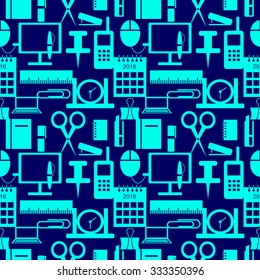 Vector seamless pattern with elements of office supplies in blue over dark-blue background