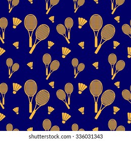 Vector seamless pattern with elements of orange rackets and birdies over blue background