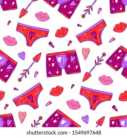 Vector seamless pattern with elements of panties, underpants, lips print, arrow, heart - Romantic design, St. Valentine day - Illustration in doodle style - White background, red, pink, purple objects