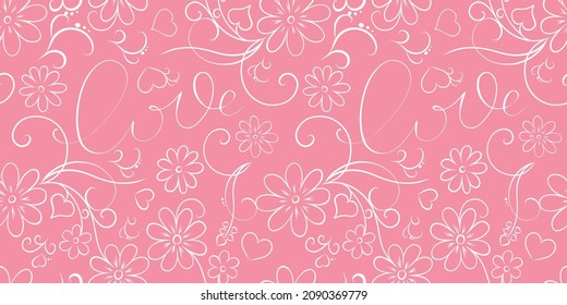 Vector seamless pattern with elements for Valentine's Day on a pink background, lovely romantic background with hearts, flowers, swirls for Valentine's Day, Mother's Day.