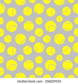 Vector seamless pattern with elements of yellow tennis balls over gray background. Series of Sport seamless vector patterns.