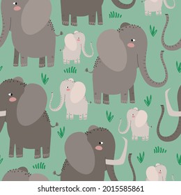 Vector seamless pattern with elephant family and young baby elephants in flat doodle style