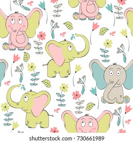 Vector seamless pattern with elephant and flowers