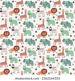 Vector seamless pattern with elephant, lion, giraffe, zebra, rhinoceros.Tropical jungle cartoon creatures.Pastel animals background.Cute natural pattern for fabric, childrens clothing,wrapping paper.