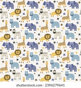 Vector seamless pattern with elephant, lion, giraffe, zebra, rhinoceros.Tropical jungle cartoon creatures.Pastel animals background.Cute natural pattern for fabric, childrens clothing,wrapping paper.