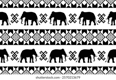 Vector seamless pattern with elephant silhouettes and tribal geometric motifs. Monochrome design. Use this pattern for creating African themed designs, textile prints, packaging, and more.