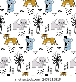 Vektor nahtlose Muster mit Elefanten, Tiger, Koala.Tropische Dschungel Cartoon Kreaturen.Pastelltiere Hintergrund.Nettes natürliches Muster für Stoff, Kinderkleidung, Textilien, Wickelpapier.