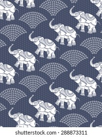 Vector seamless pattern from elephant white silhouette with ethnic ornaments with light grey fountain. Dark blue background from dense rain drop.