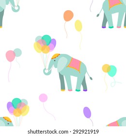 Vector seamless pattern with elephants and air balloons. Blue, orange, yellow, pink, purple colors.