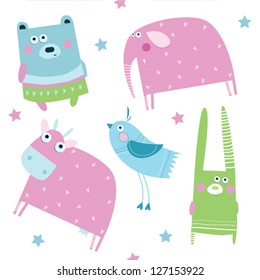 Vector seamless pattern with elephants, bears, birds, rabbit and cow .. can be used for printing on fabric for children