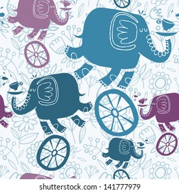  Vector seamless pattern with elephants, cups of coffee, wheel and flowers