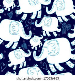 Vector seamless pattern with elephants and hearts